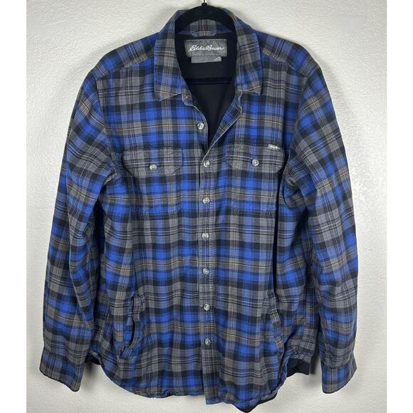 Eddie Bauer Fleece-Lined Plaid Shirt Jacket Blue Gray Plaid Men’s Tall Large - Picture 1 of 8